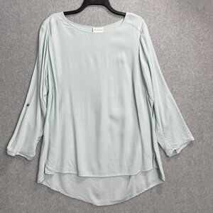 Soft Surroundings Tunic Top Womens‎ Plus 1X Blue Roll Tab Sleeve Rayon Boat Neck